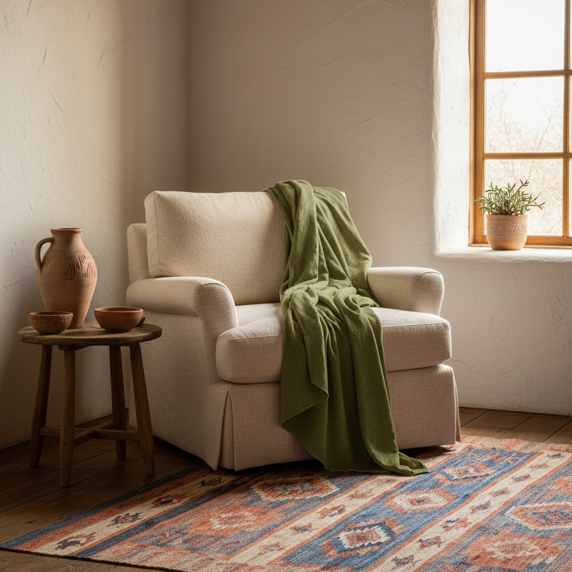Beige armchair with a green blanket in a room with a window and small table.