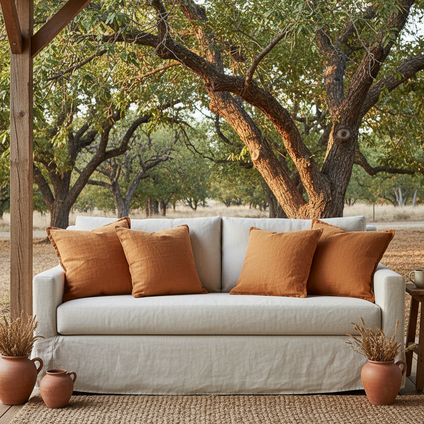 Outdoor sofa with orange cushions under a tree