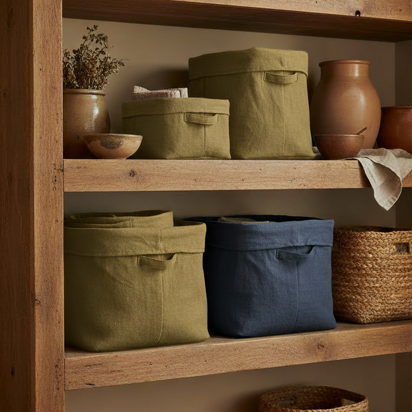 Wooden shelf with various storage containers including green fabric baskets and a blue woven basket.