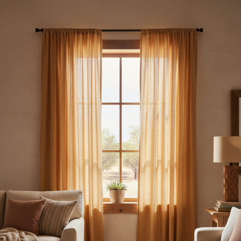 Living room with sheer orange curtains and a window view