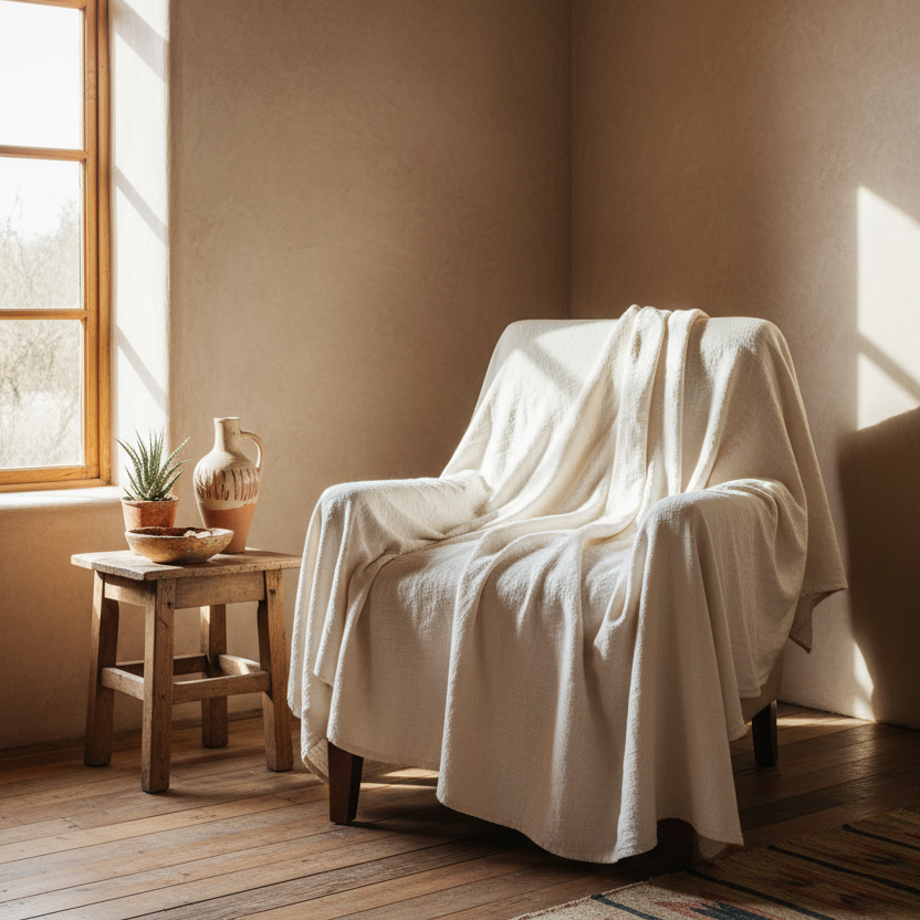 Chair draped with a white blanket in a sunlit room with wooden floor and window.
