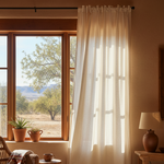 Room with large window showing a scenic view of trees and mountains, with light filtering through sheer curtains.