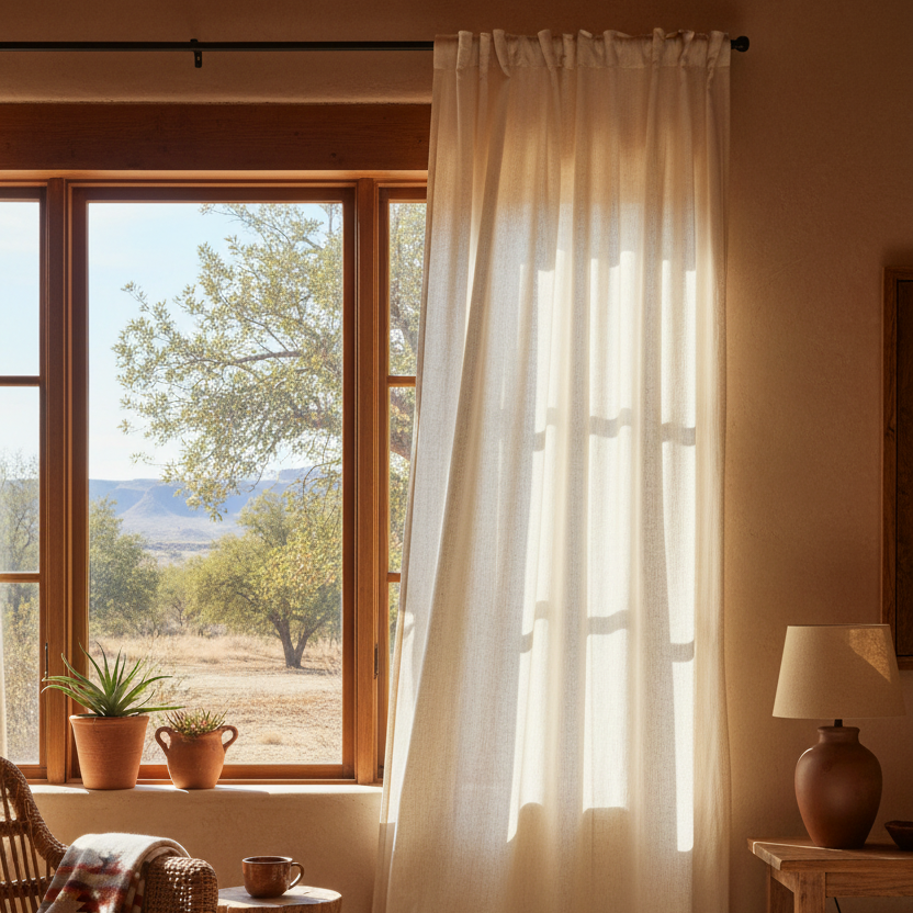 Room with large window showing a scenic view of trees and mountains, with light filtering through sheer curtains.