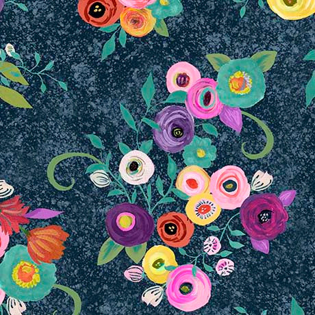 Blooming Bouquet - Watercolor Floral Toss - Navy 31243 N