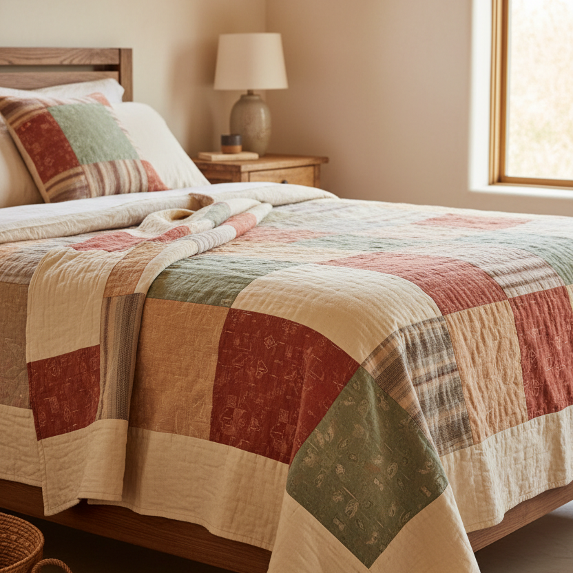 Bed with a patchwork quilt in a cozy bedroom setting