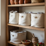 Wooden shelf with beige storage baskets and kitchen items