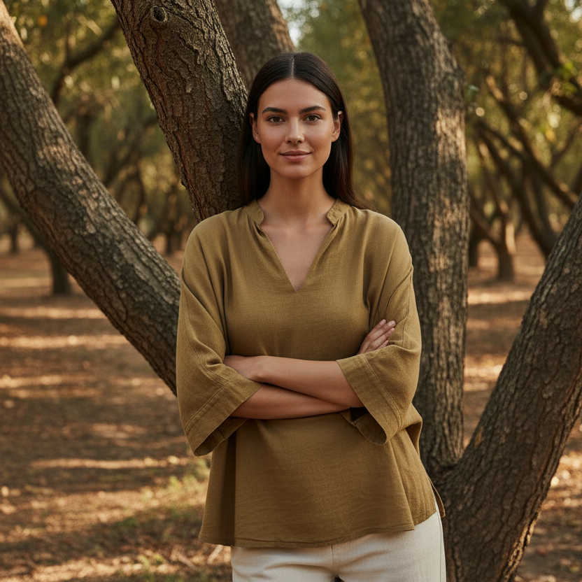 Woman standing in a forest with trees and natural light