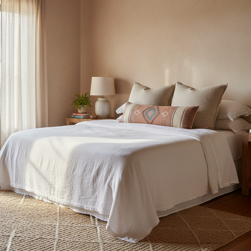 Neatly made bed with white bedding and decorative pillows in a bedroom setting.