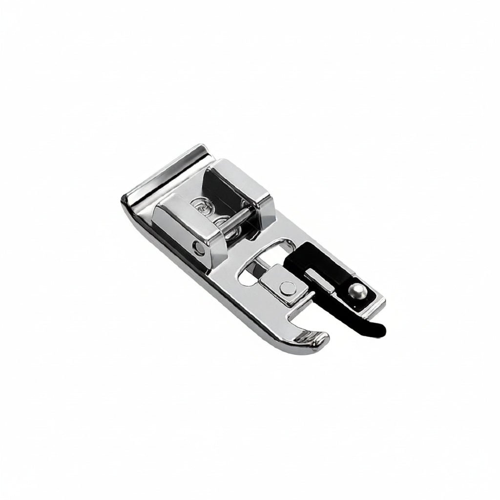 Chrome metal presser foot for sewing machine on a white background