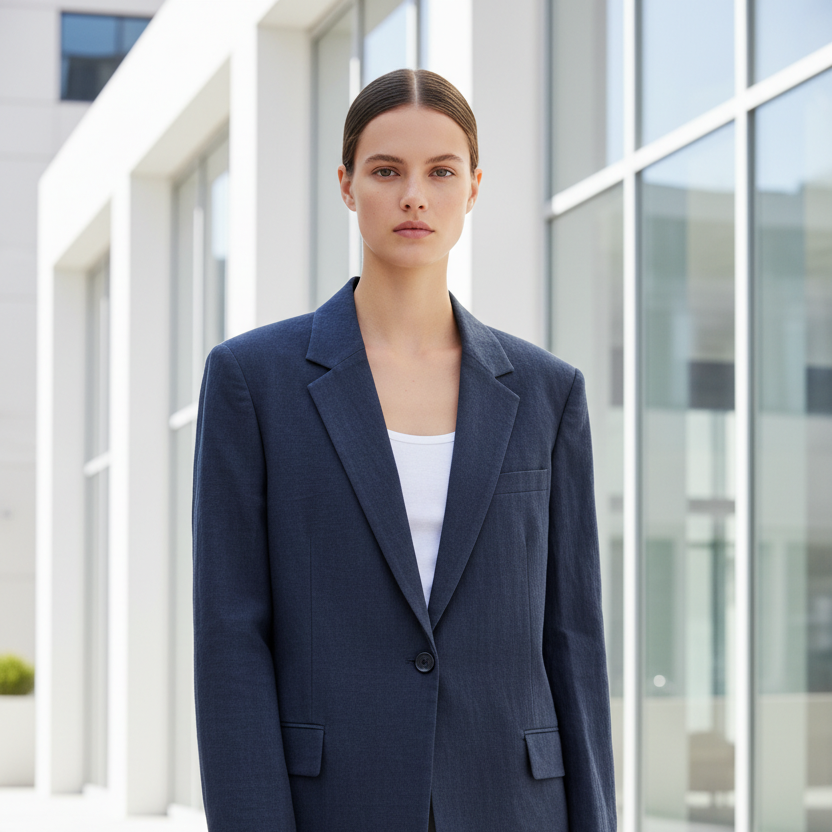 Woman in a navy blazer holding a matching handbag in front of a modern building.