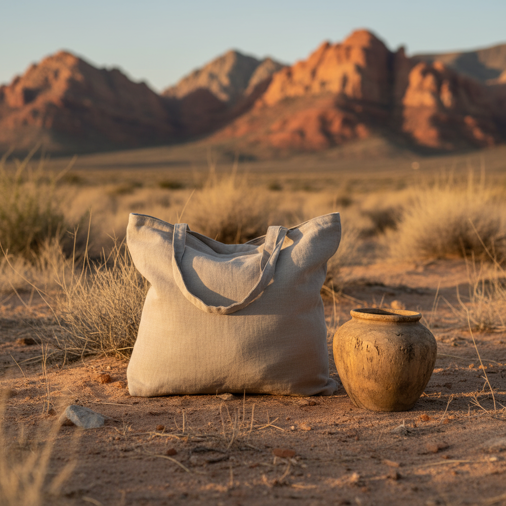 Beige tote bag and clay pot on a sandy desert landscape with red rock formations.