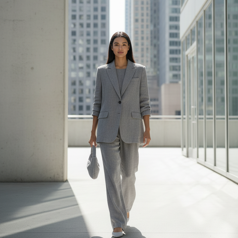 Woman in a gray suit standing on a rooftop with city skyline in the background
