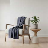 Modern interior with a chair draped with a blue blanket, a plant on a small table, and large windows.