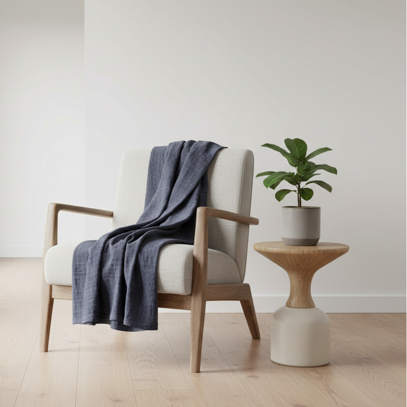 Modern interior with a chair draped with a blue blanket, a plant on a small table, and large windows.