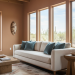 Living room with a beige sofa, wooden coffee table, and large windows showing a desert view.