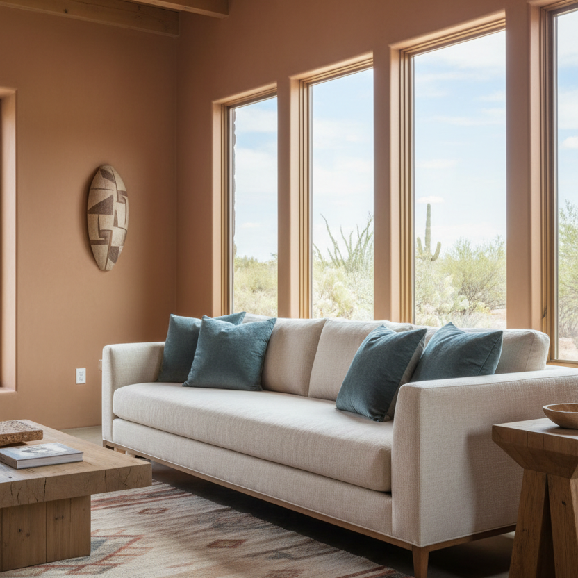 Living room with a beige sofa, wooden coffee table, and large windows showing a desert view.