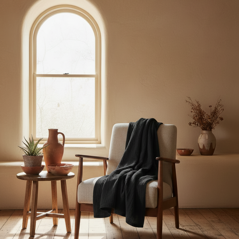 Cozy room with a chair, small table, and decorative items near a window.