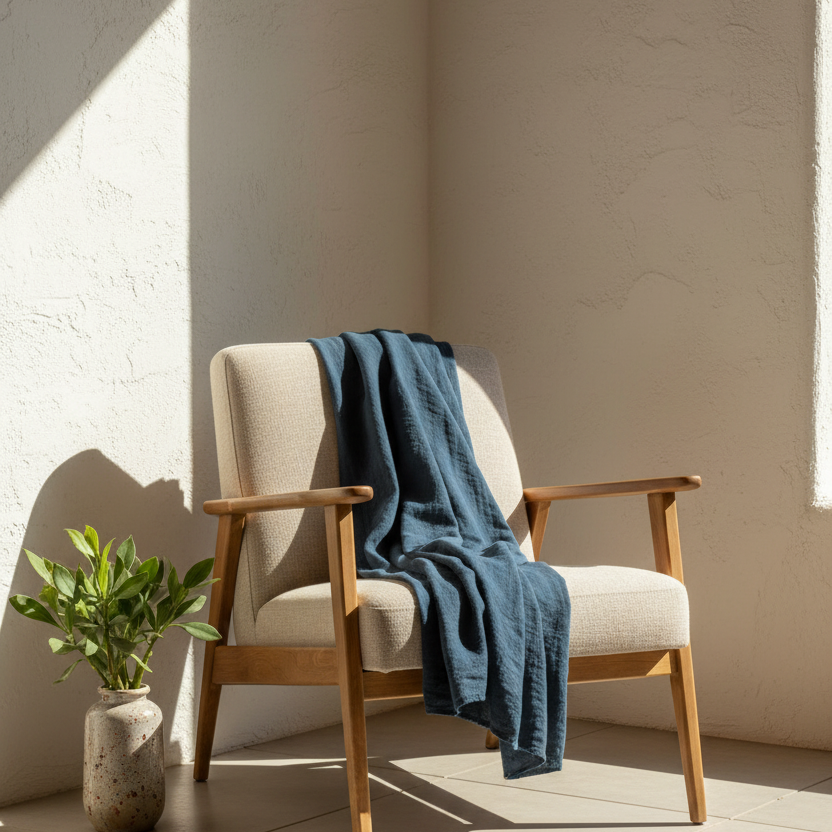 Chair with a blue blanket draped over it in a sunlit room