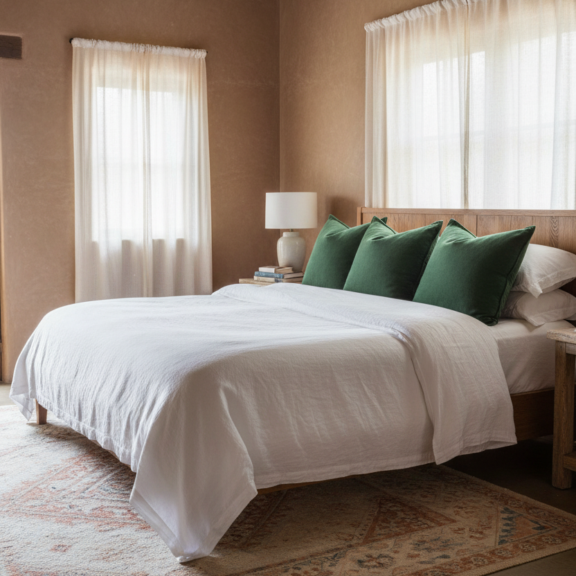 Bedroom with a bed featuring green pillows and white bedding, next to a lamp and window with curtains.