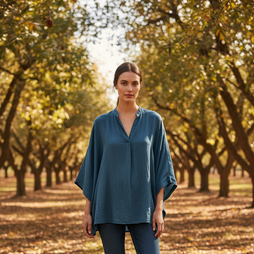 Woman standing in an orchard wearing a blue shirt