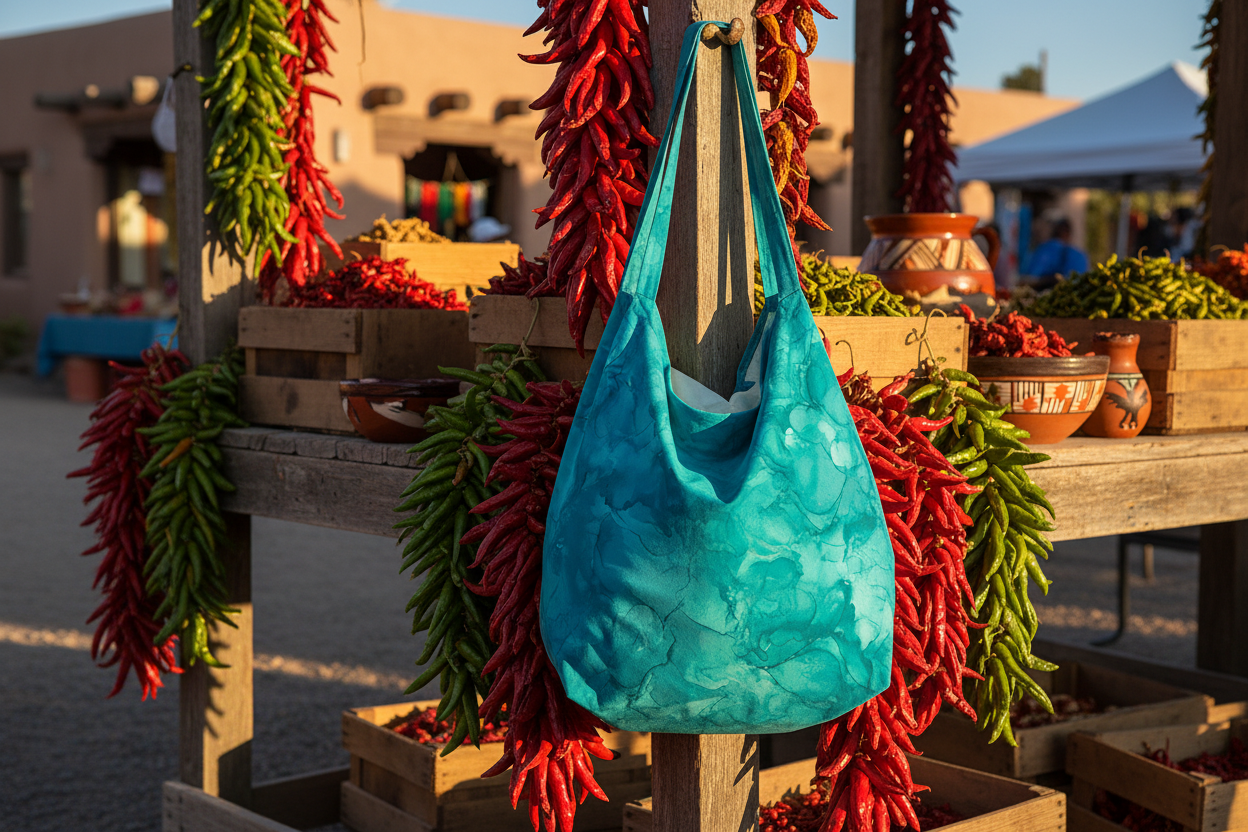 Turquoise bag hanging among red and green chili peppers at an outdoor market.