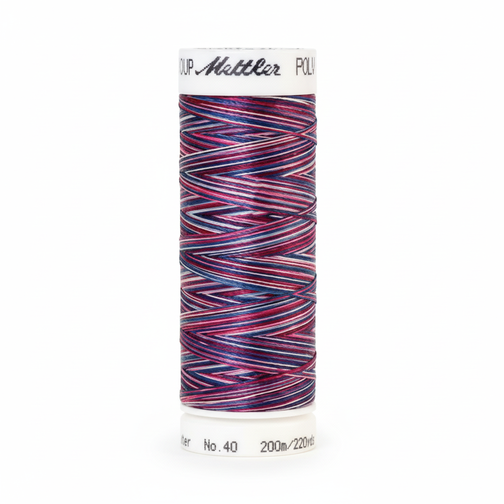 Spool of colorful thread with Mettler branding on a white background