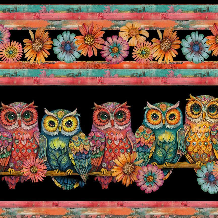 Colorful owl and floral design on a black background with vertical striped border.