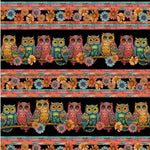 Colorful owl and floral pattern on a black background