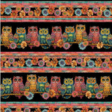 Colorful owl and floral pattern on a black background