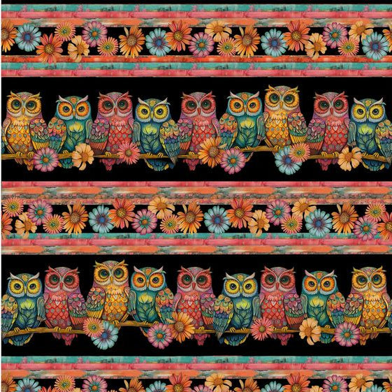 Colorful owl and floral pattern on a black background