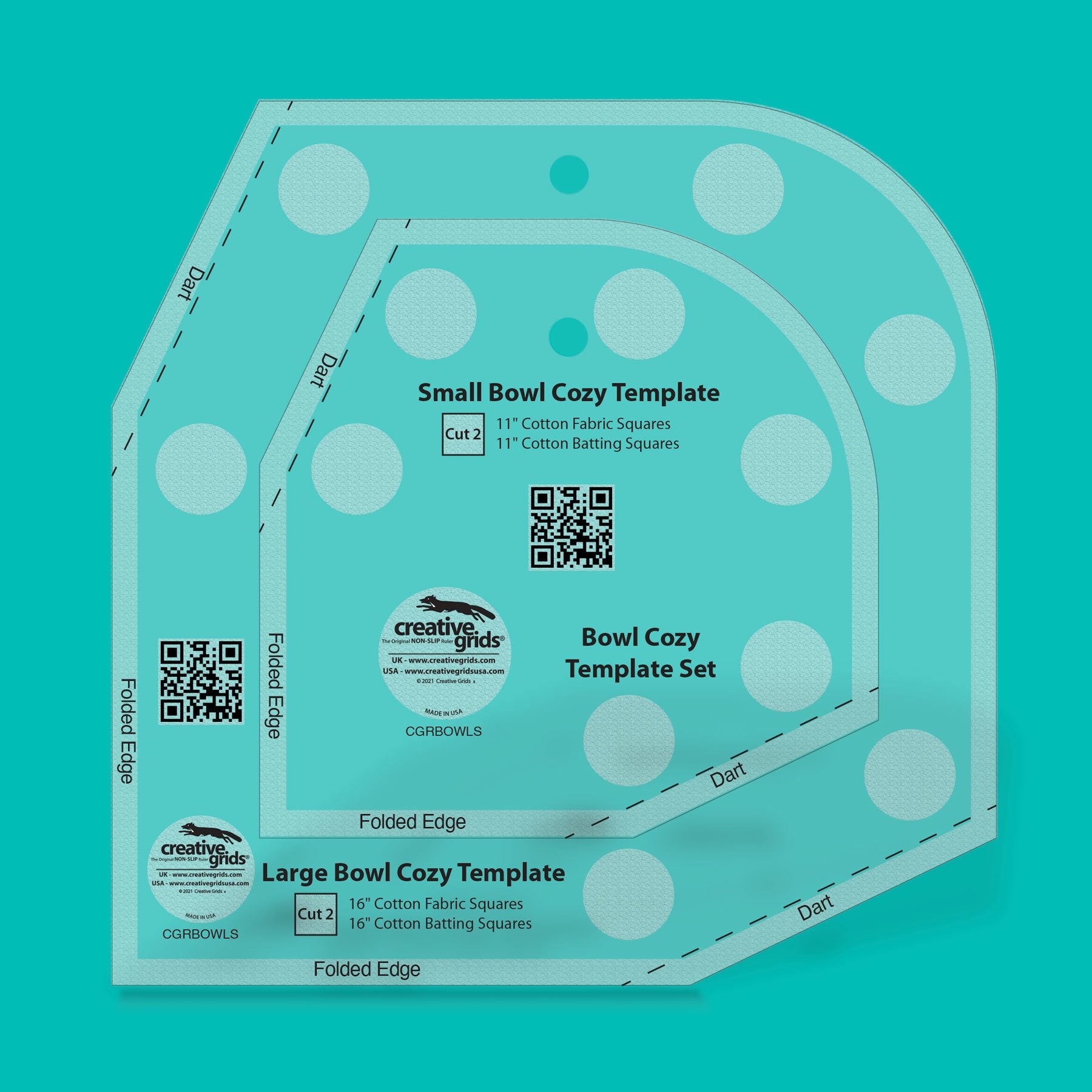 Small Bowl Cozy Template on a teal background with Creative Grids branding.