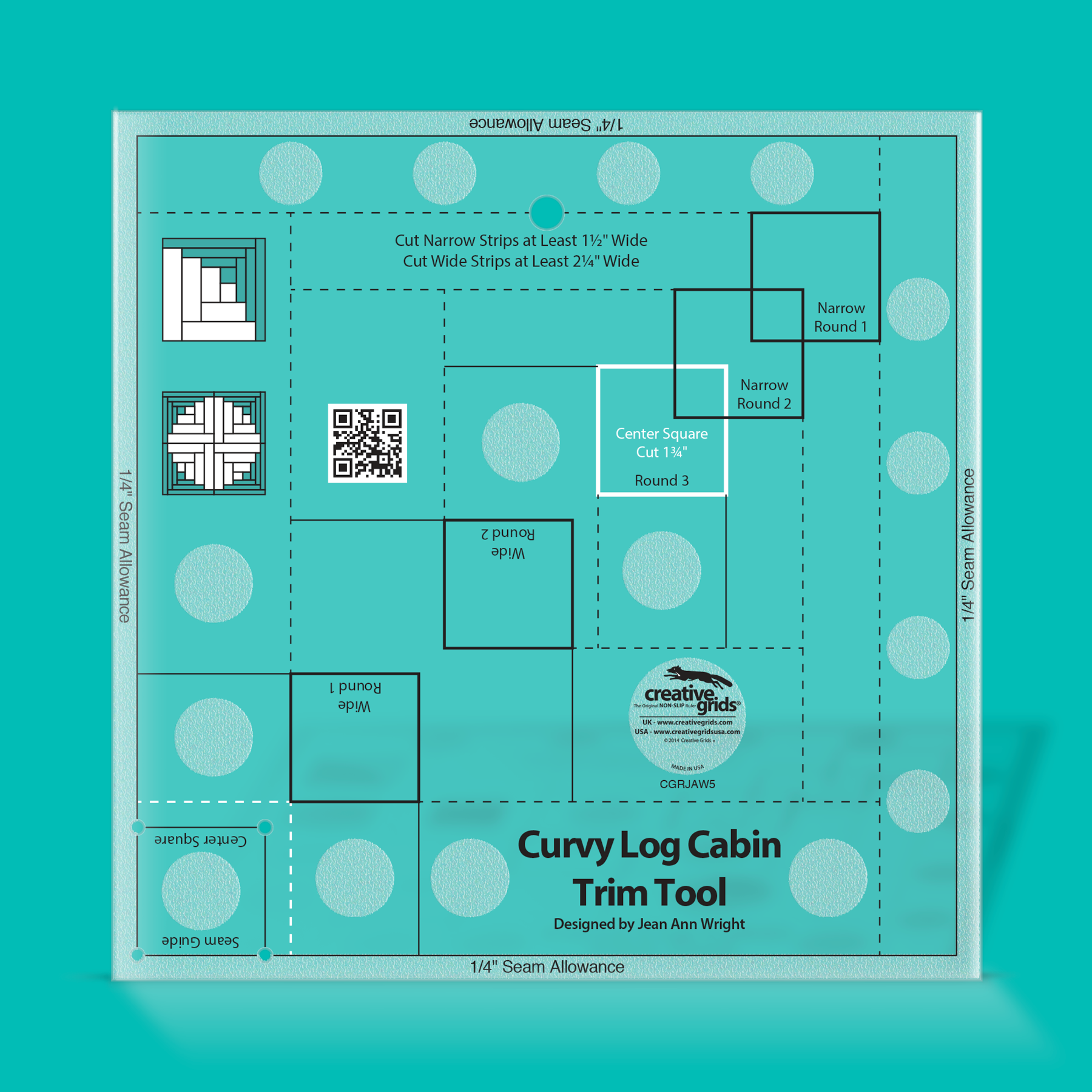 Curvy Log Cabin Trim Tool on a teal background with branding and design elements.