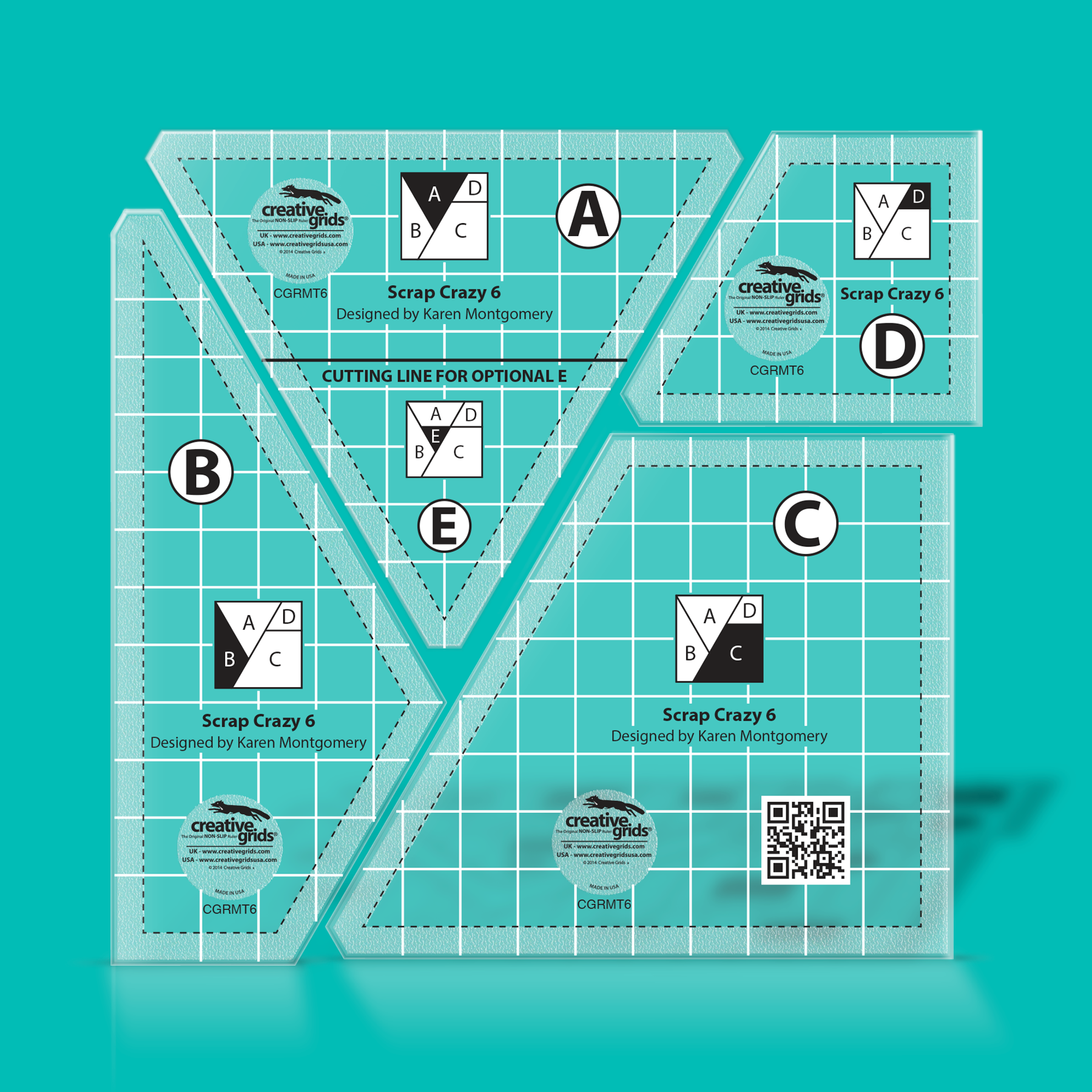 Set of four clear acrylic rulers with grid lines on a teal background