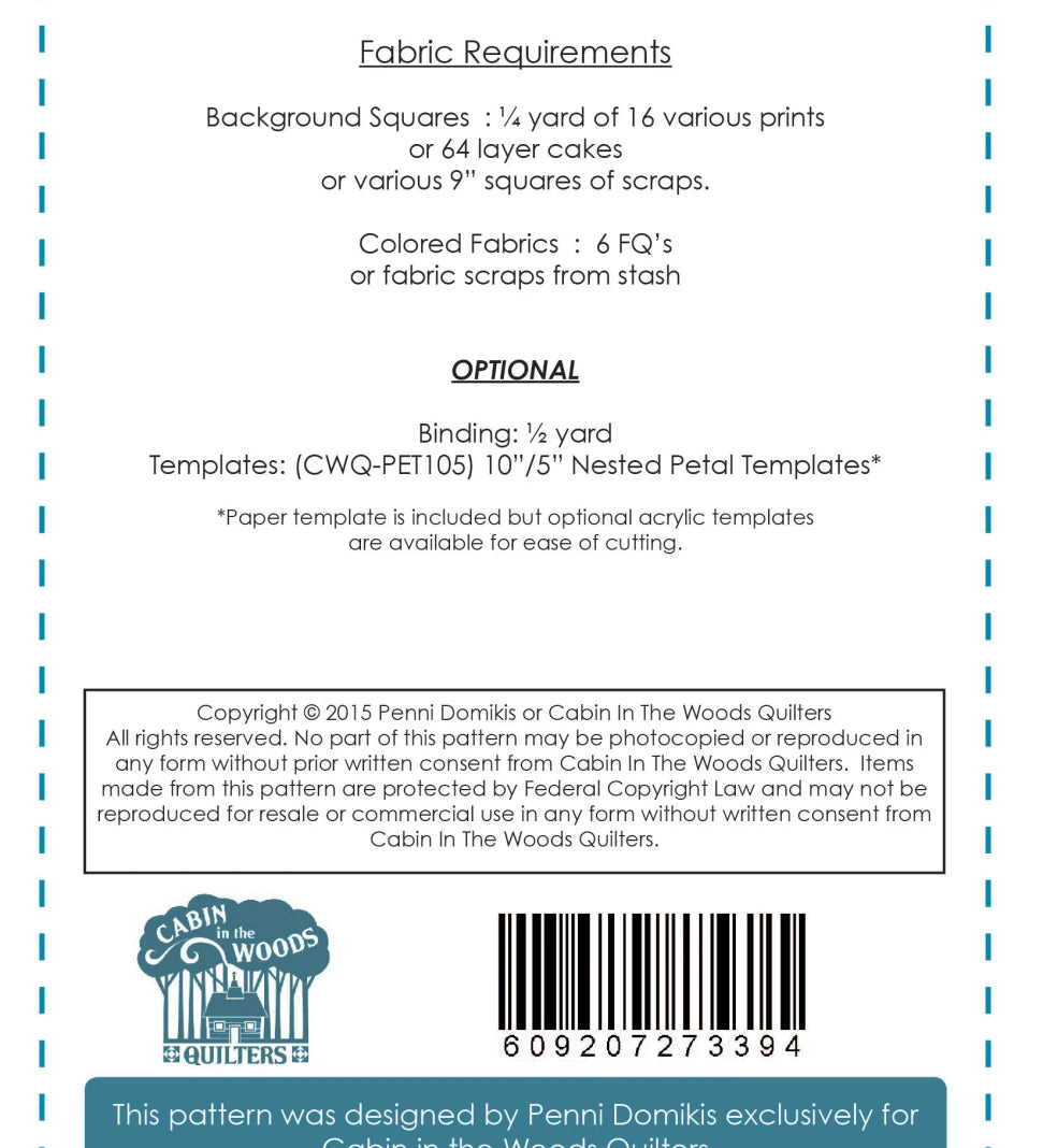 Fabric requirements label for a scrap petal garden project with text and a barcode.