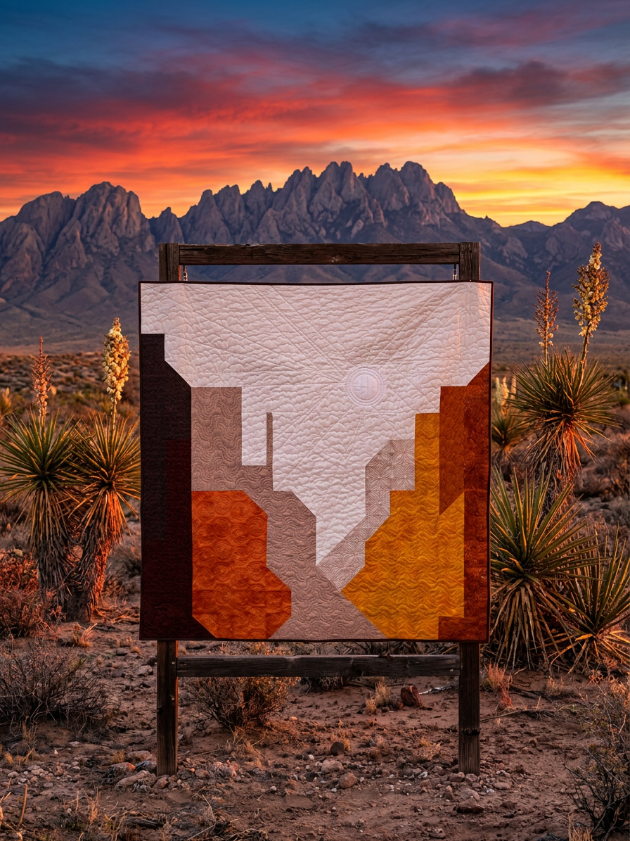 Abstract art piece in a desert landscape with mountains and sunset.