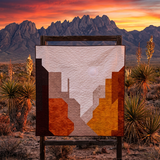 Abstract art piece in a desert landscape with mountains and sunset.