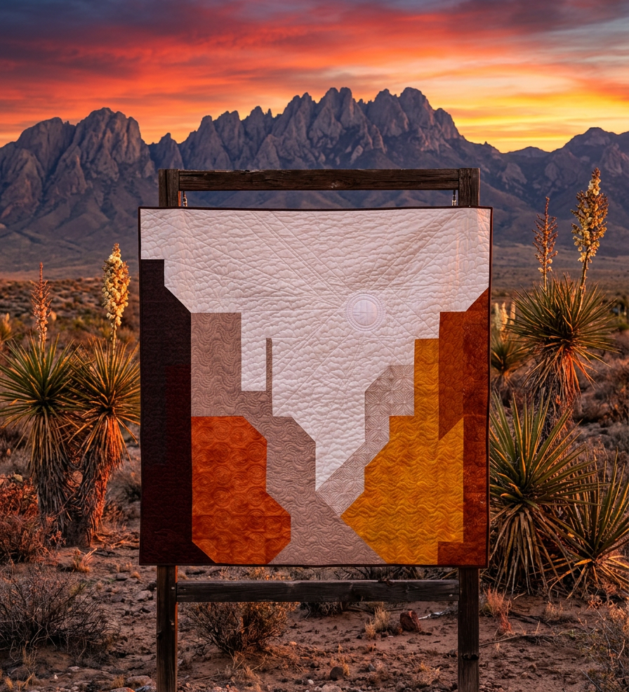 Abstract art piece in a desert landscape with mountains and sunset.