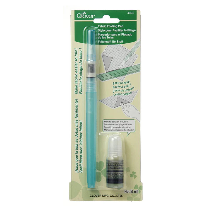 Clover fabric folding pen packaging with green and beige design on a white background