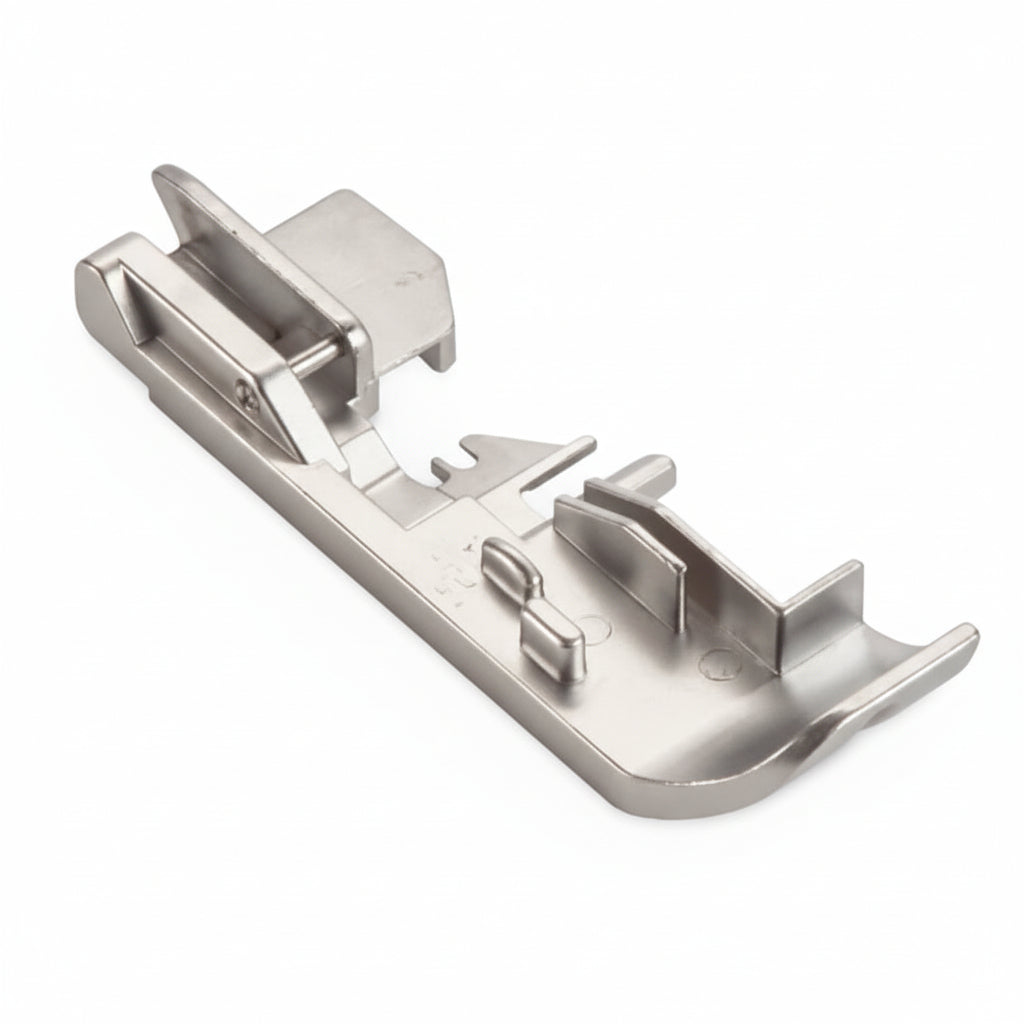 Metal sewing machine presser foot on a white background