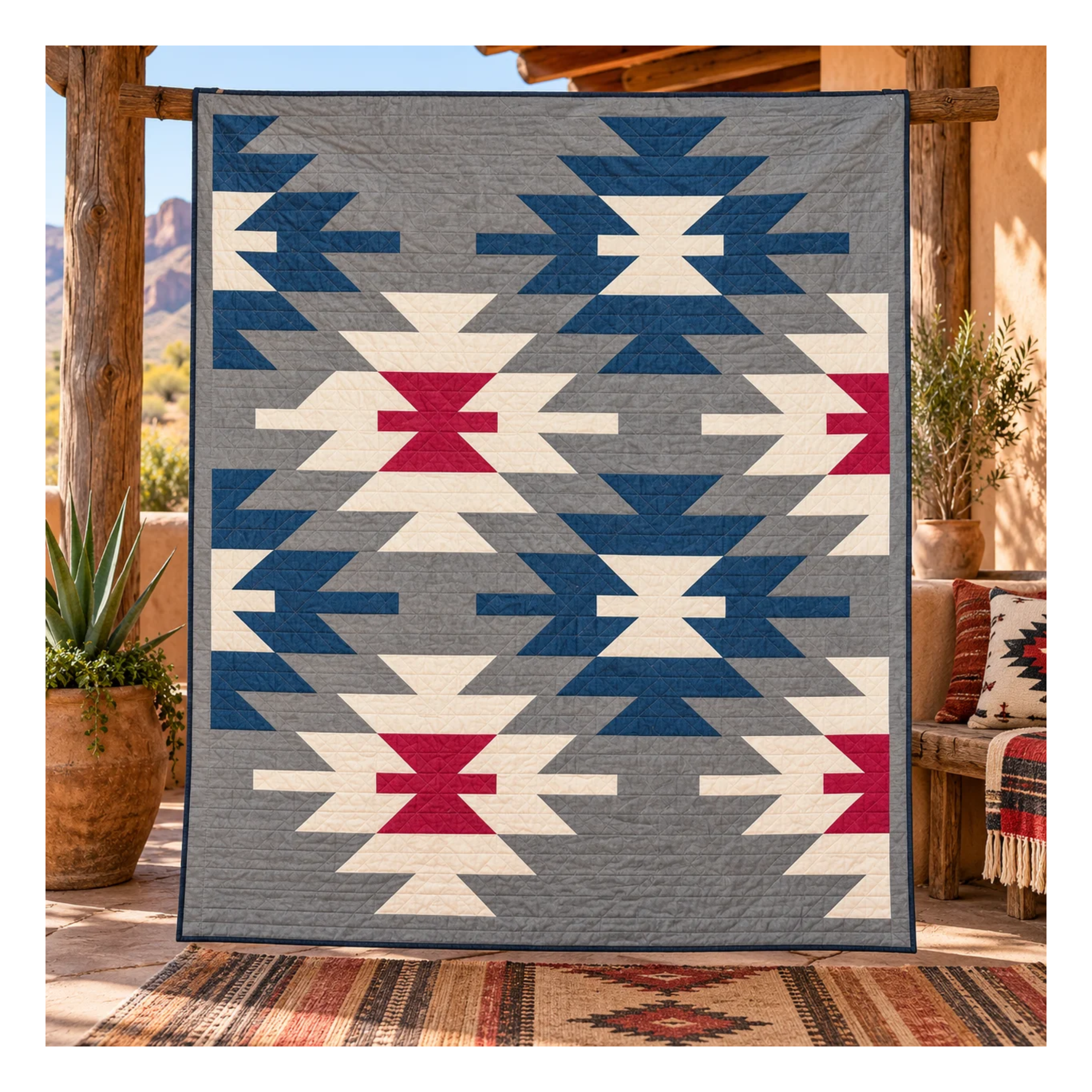 A large woven throw blanket with a Southwestern geometric pattern is draped over a rustic wooden porch. The blanket features a gray background with navy blue, cream, and red geometric motifs.