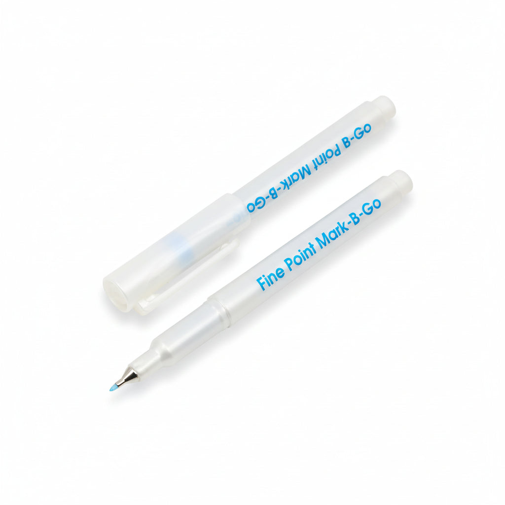 Two white fine point markers with blue text on a white background