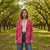 Woman in a pink coat standing in an orchard