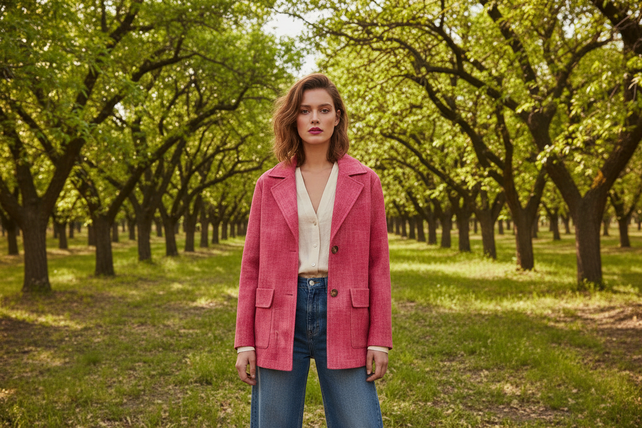 Woman in a pink coat standing in an orchard
