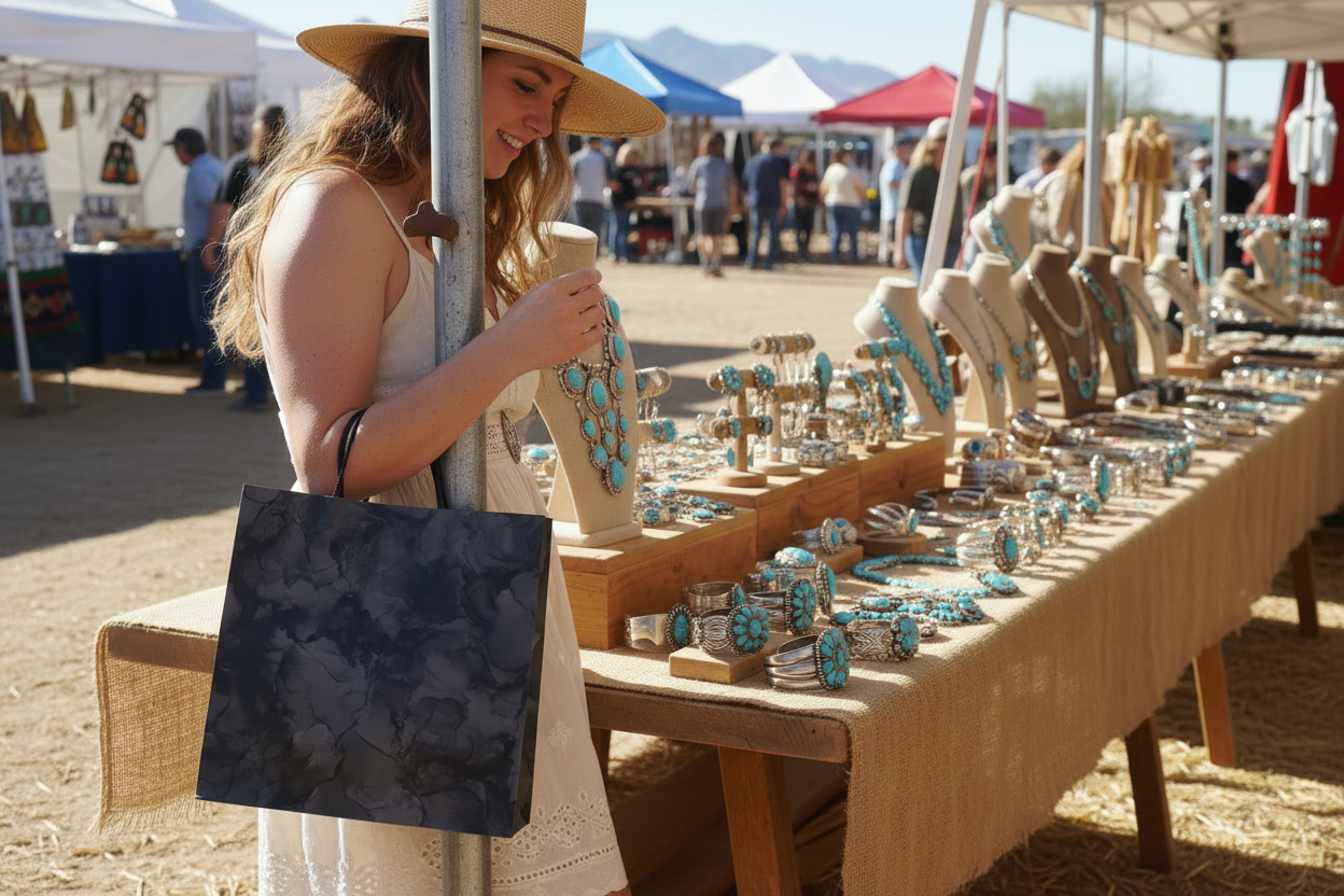 Woman shopping at an outdoor market with jewelry on display