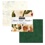 A fabric swatch bundle from Moda's Merry Manor Metallic collection, featuring a central floral-patterned swatch with a white paper band label, layered over two textured metallic fabric squares, one cream and one dark green, on a white background.