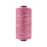 Spool of Fruitti Hibiscus FT4-13 12wt variegated Egyptian cotton thread featuring vibrant hibiscus pink and coral tones with soft color variation.