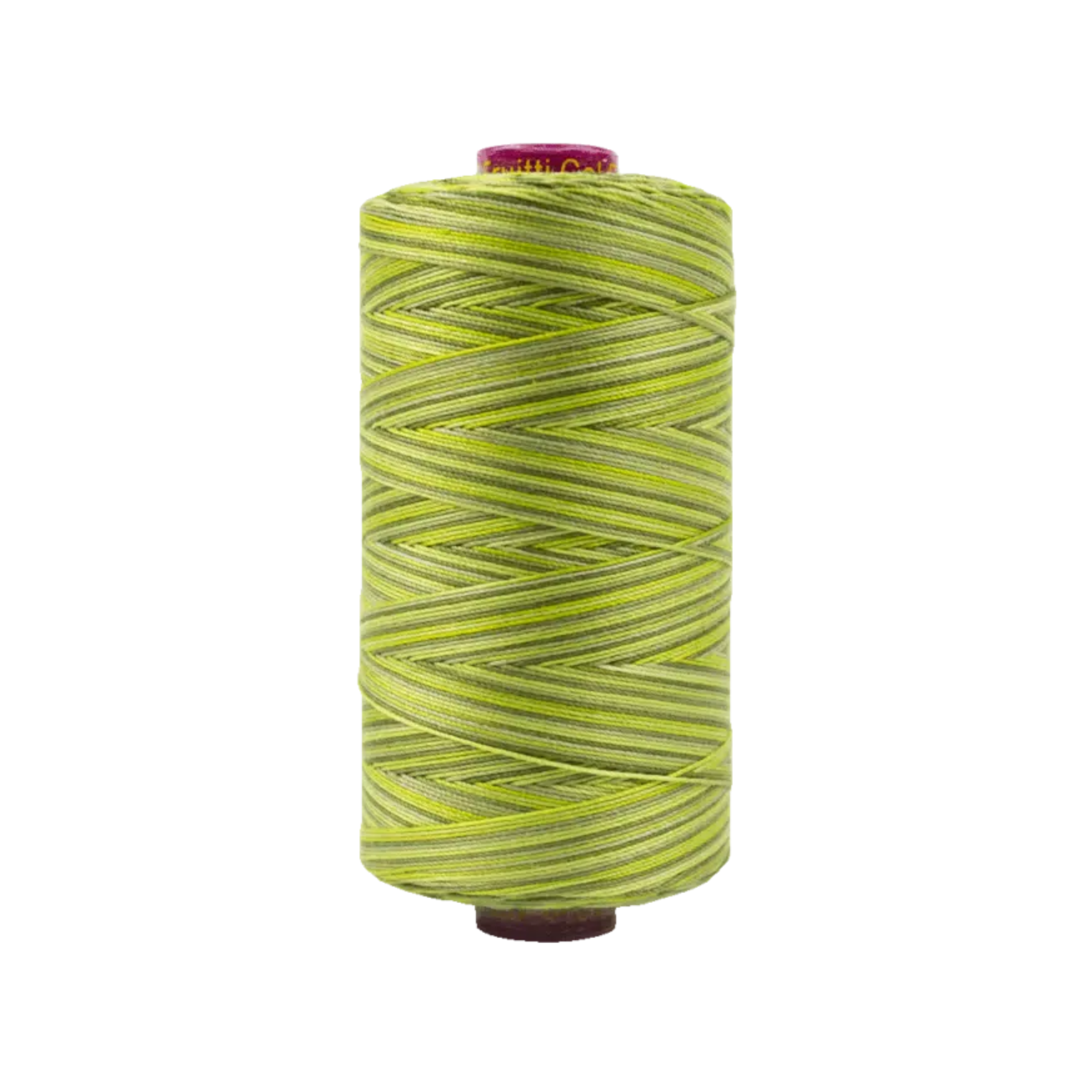 Spool of Fruitti Moss FT4-32 12wt variegated Egyptian cotton thread featuring muted moss green tones with soft earthy variation.