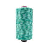 Spool of Fruitti Peacock FT4-22 12wt variegated Egyptian cotton thread featuring vibrant teal, green, and blue tones with rich variegation.