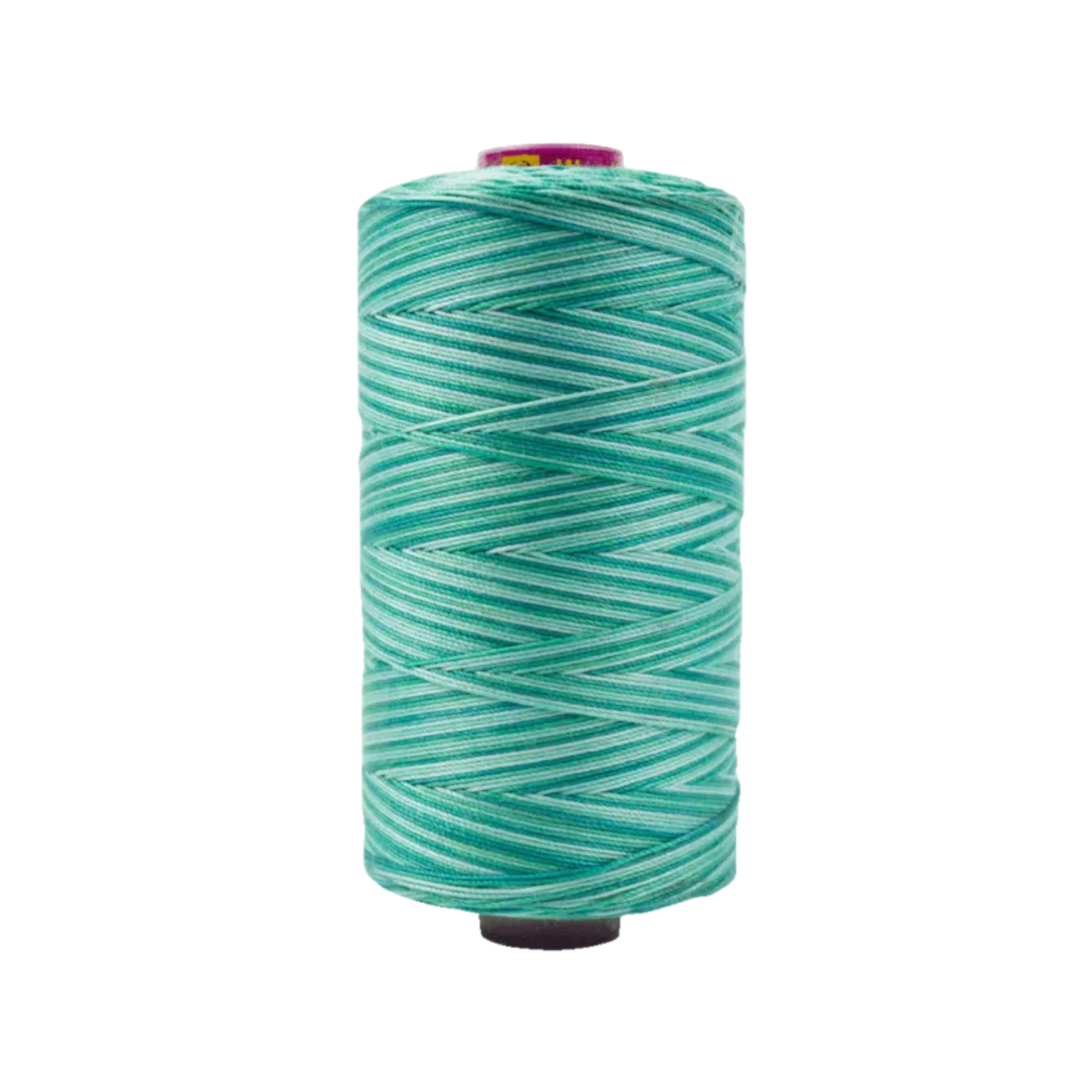 Spool of Fruitti Peacock FT4-22 12wt variegated Egyptian cotton thread featuring vibrant teal, green, and blue tones with rich variegation.