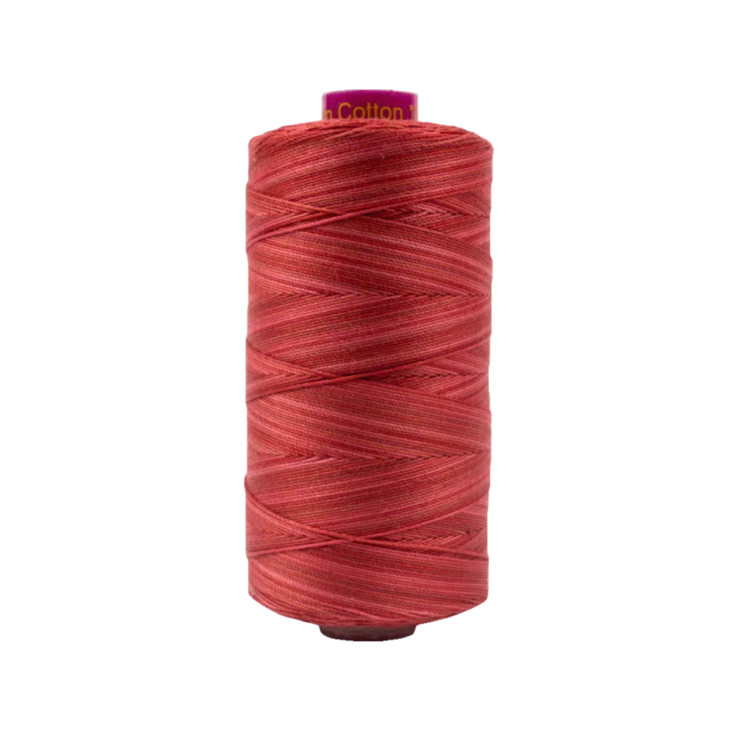 Spool of Fruitti Strawberry FT4-12 12wt variegated Egyptian cotton thread featuring bright strawberry red and pink tones with soft color variation.